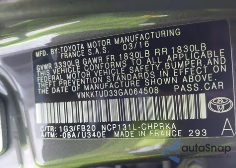 2016 Toyota Yaris Le z USA, uszkodzony, nr VIN VNKKTUD33GA064508